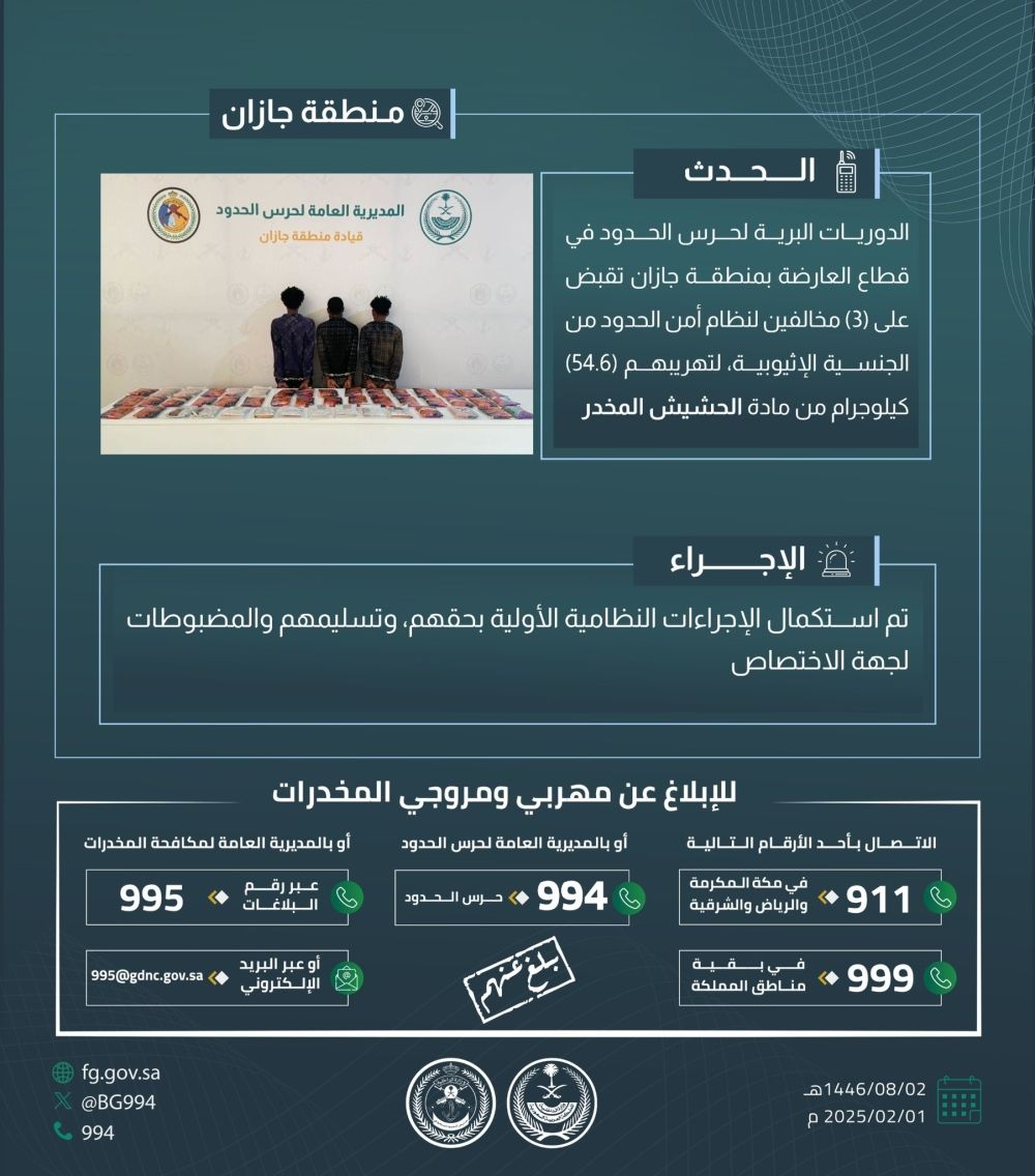 بحوزتهم 54 كجم من الحشيش.. القبض على 3 مهربي مخدرات بعسير