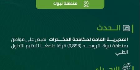 مكافحة المخدرات تقبض على شخص بمنطقة تبوك لترويجه 9,893 قرصًا خاضعًا لتنظيم التداول الطبي - عرب فايف