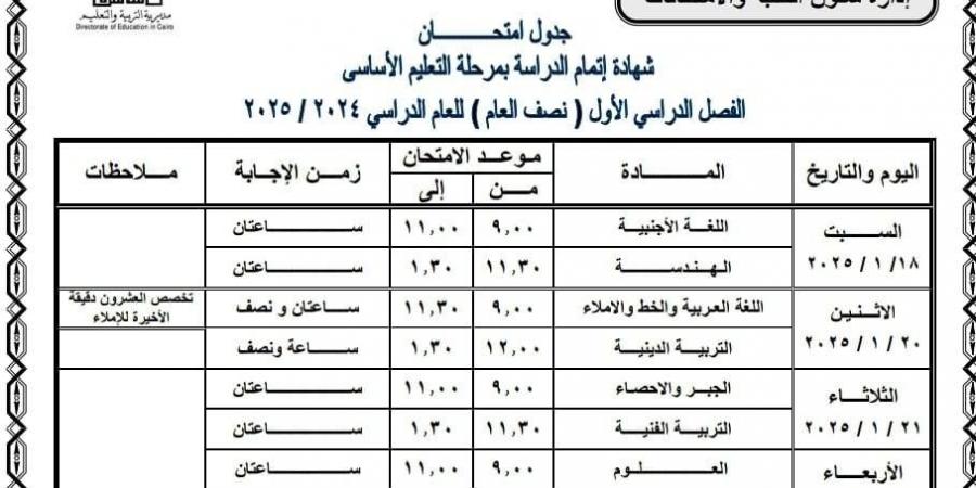 جداول امتحانات المحافظات الترم الأول لطلاب الشهادة الإعدادية  - عرب فايف