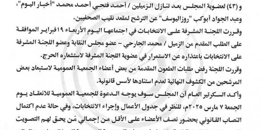 51 مرشحًا بينهم 8 لمقعد النقيب.. الكشوف النهائية لانتخابات التجديد النصفي لنقابة...اليوم الأربعاء، 19 فبراير 2025 04:05 مـ - عرب فايف